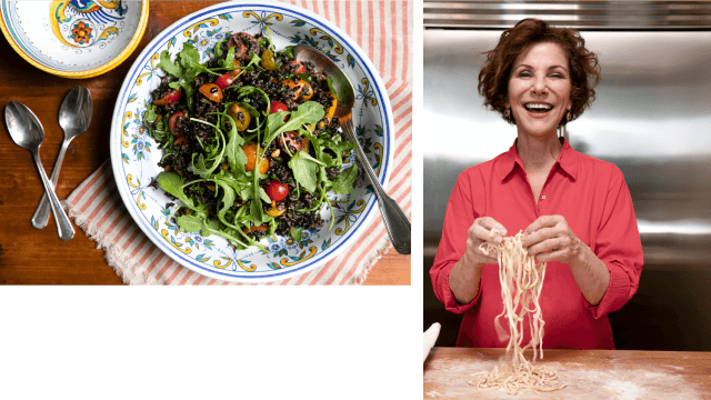 Salad and Joanne Weir holding pasta