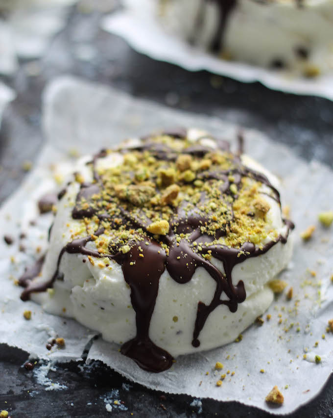 pistachio chocolate semifreddo with warm bitter chocolate sauce