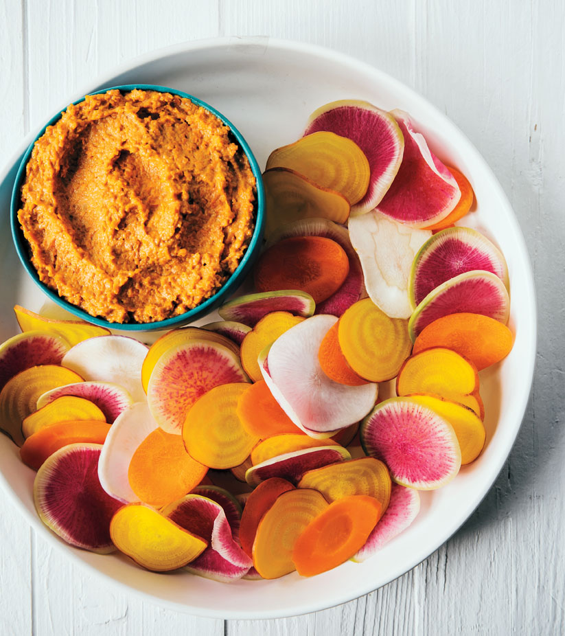 Roasted Carrot Hummus and Root Vegetable Chips