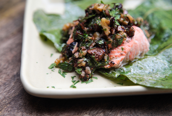 Salmon in Fig Leaves with Dried Fig and Walnut Salsa