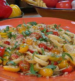 Fettuccine with Tomatoes, Basil and Crisp Bread Crumbs