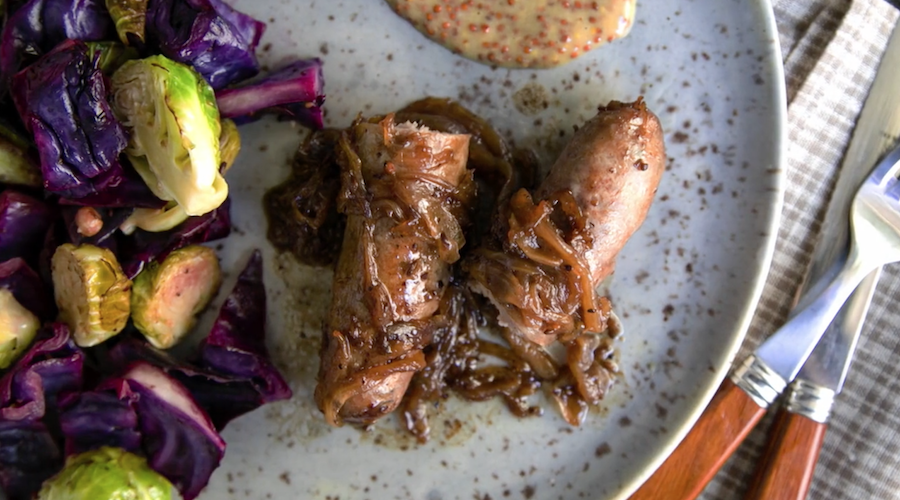 Beer Braised Sausages with Mustard Sauce