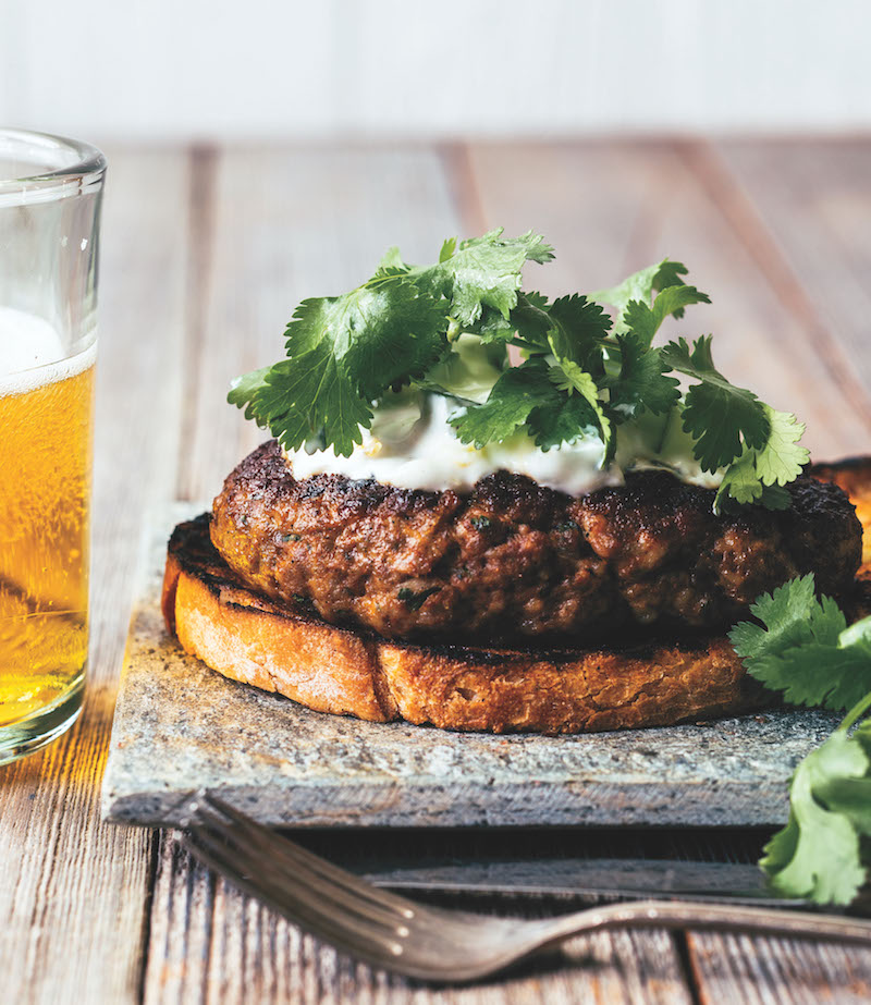 Moroccan Merguez Lamb Burgers with Cucumber and Ginger Yogurt