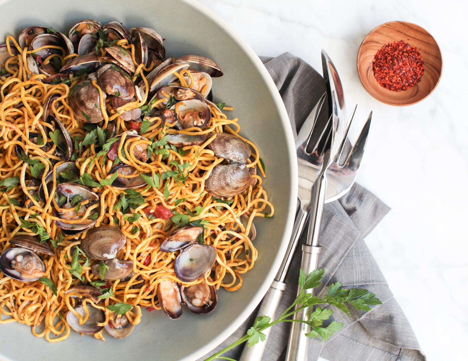 Saffron and Pepper Pasta with Clams and Tomatoes