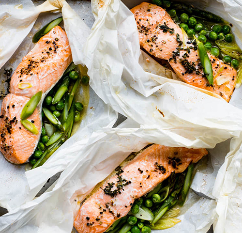 Salmon and Spring Vegetables Baked in Paper