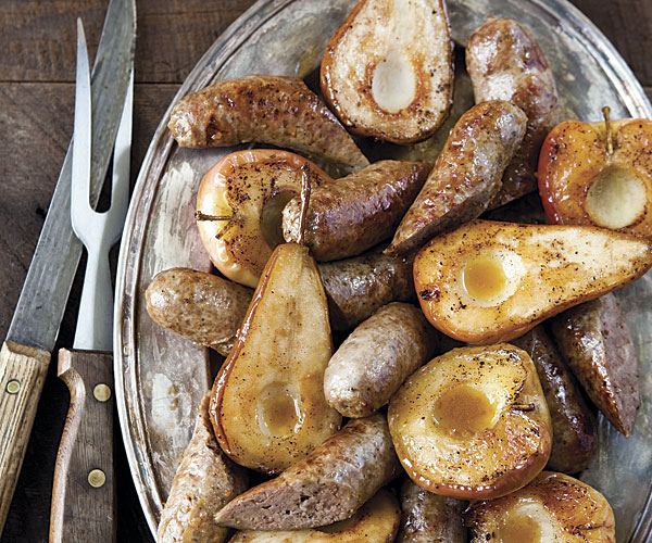 Oven Roasted Sausages with Apples Pears and Riesling