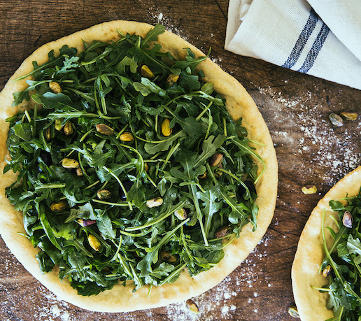 Piadine with Arugula Cherry and Pistachio Salad