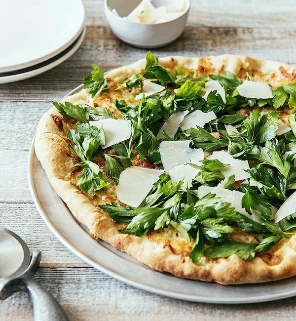 Pizza with Parsley and Shaved Parmesan Salad