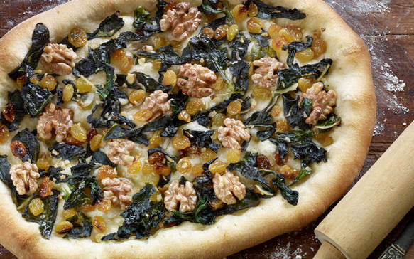 Spanish Coca with Wilted Greens, Walnuts and Raisins