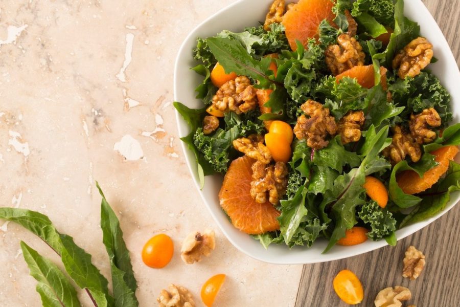 Dandelion, Kale, Cara Cara and Kumquat Salad with Spice-roasted Walnuts
