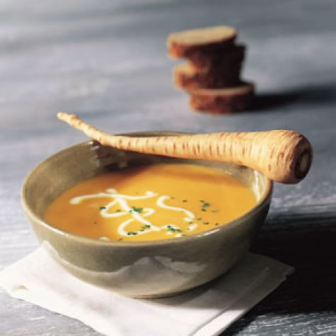 Roasted Parsnip and Carrot Soup with Spiced Crème Fraiche