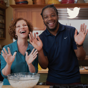 Joanne Weir cooking with a friend with messy hands